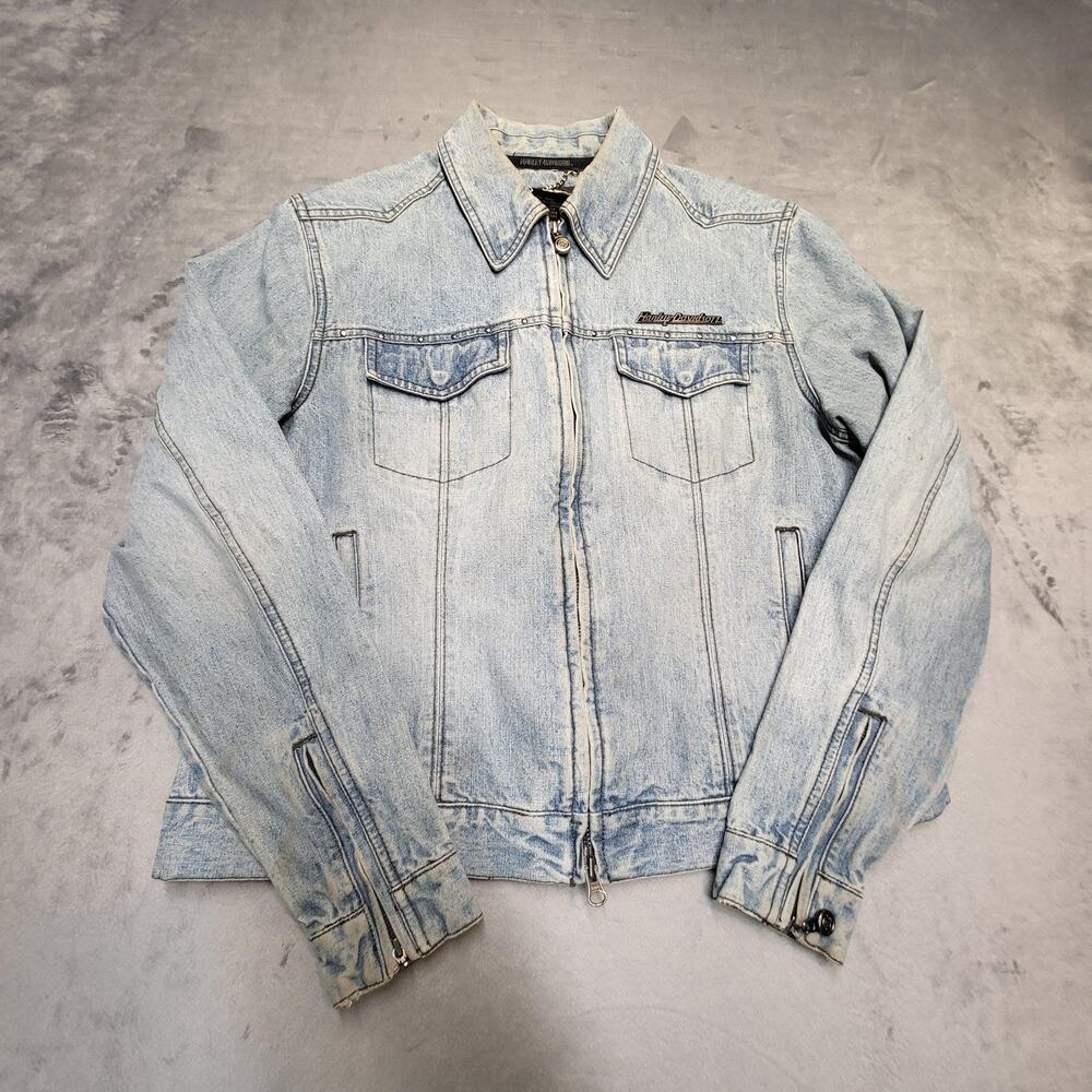 Harley Davidson Jacket Womens L Blue Denim Leather Motorcycle Collared‎ Zip